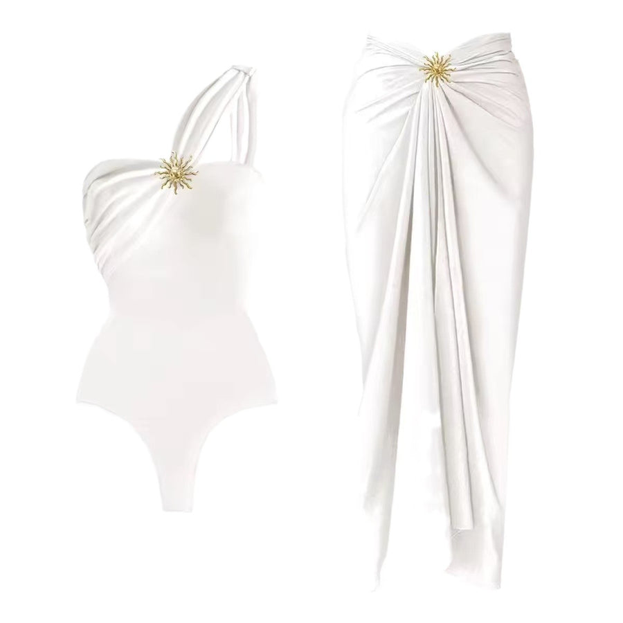 Womens Bikini One-Piece Swimsuit With Mesh Skirt Sunflower Set