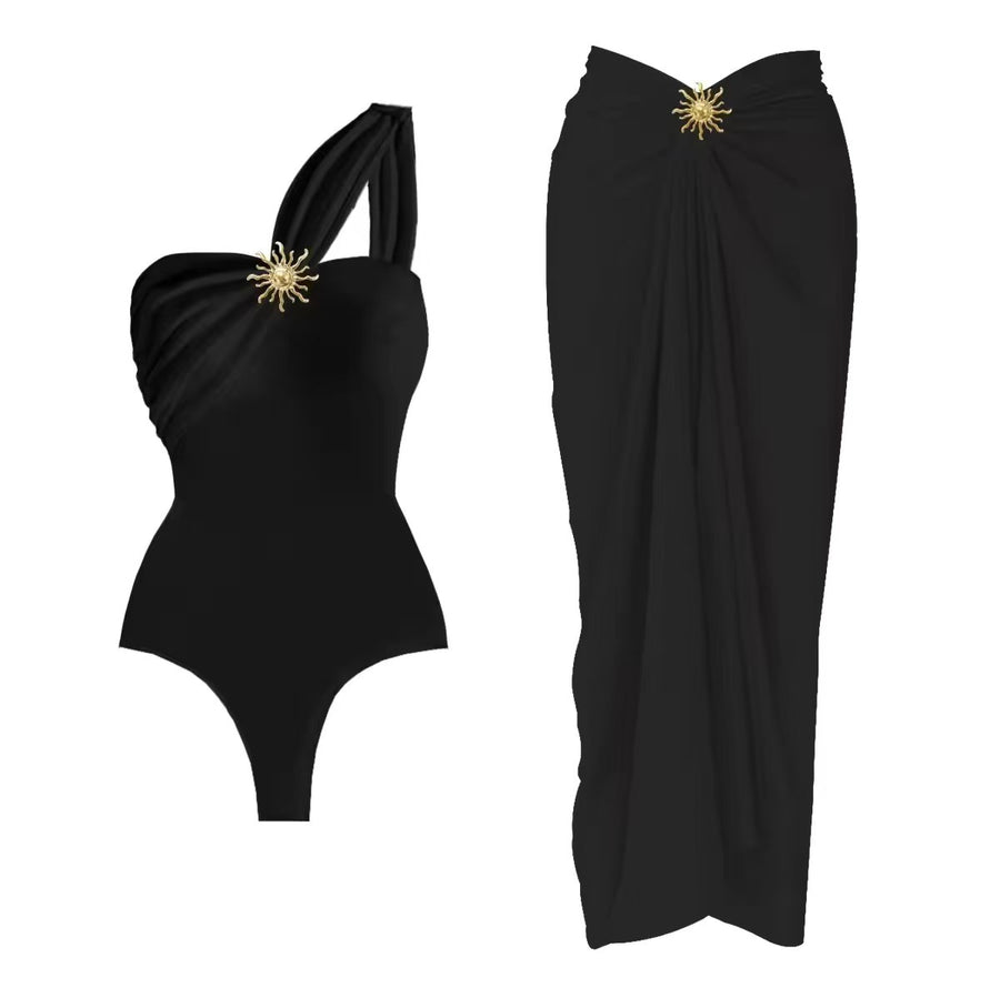 Womens Bikini One-Piece Swimsuit With Mesh Skirt Sunflower Set