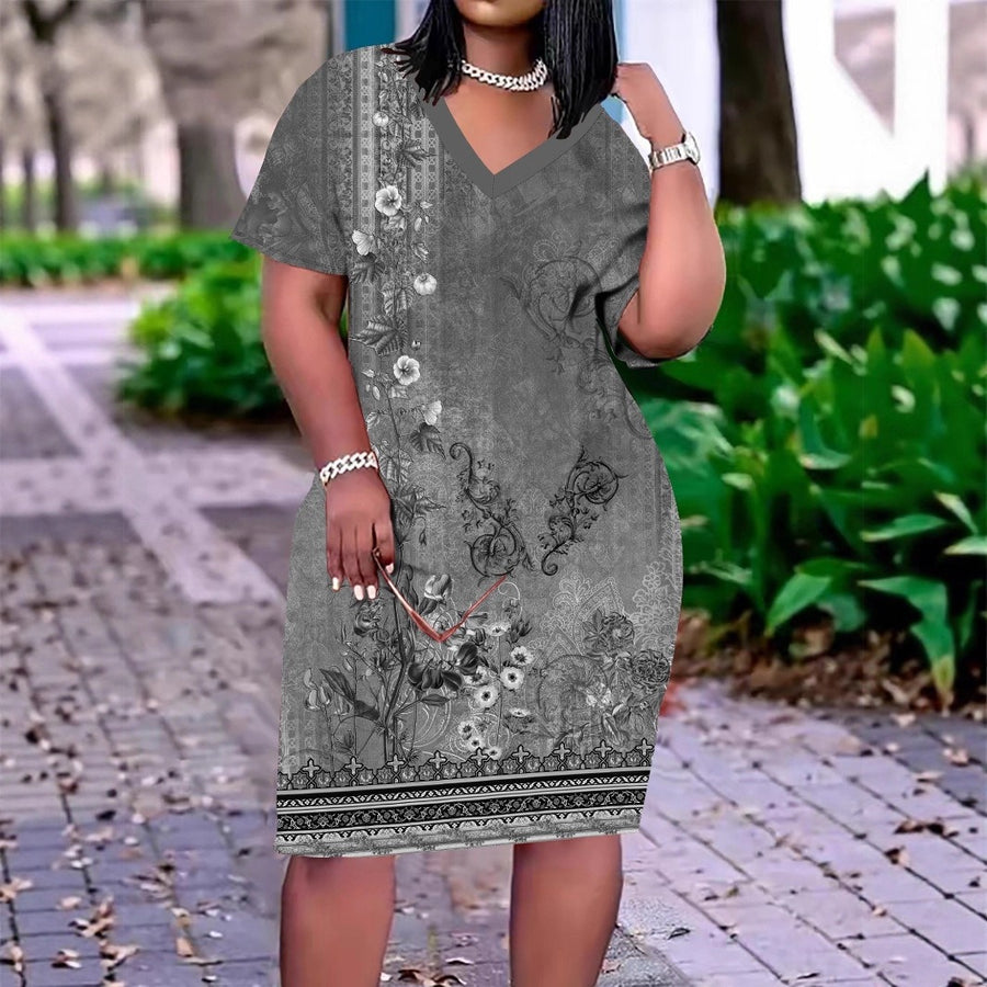 V-neck Short-sleeve Printed Dress Plus Size Skull - Stylish Comfort