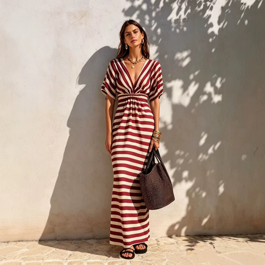 Loose-fitting Striped V-neck Dress for Effortless Style
