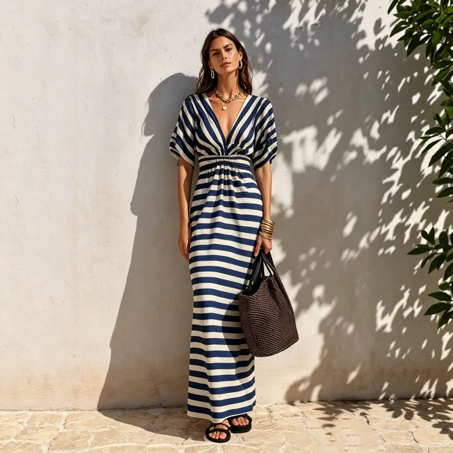Loose-fitting Striped V-neck Dress for Effortless Style