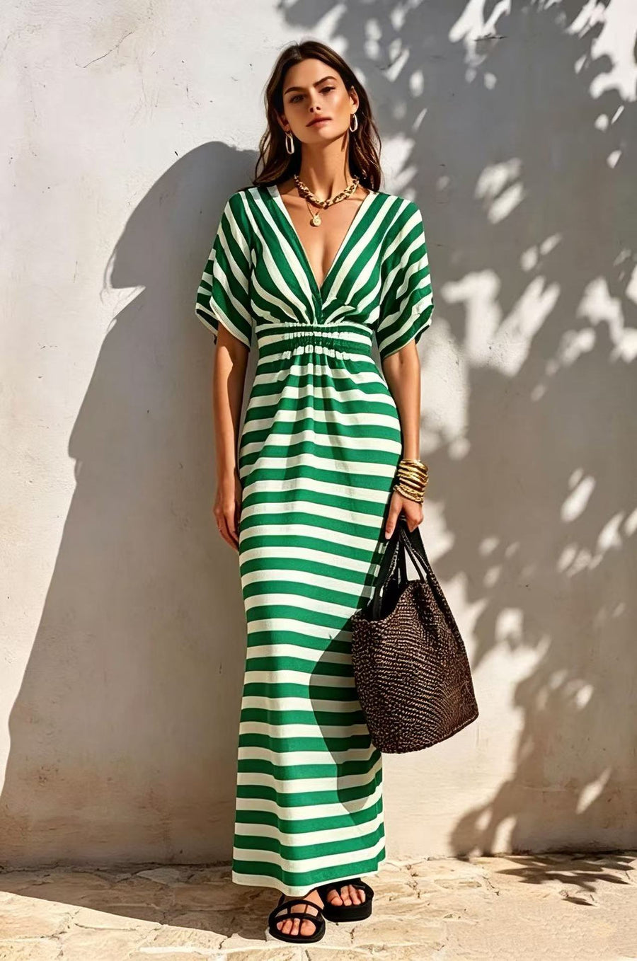 Loose-fitting Striped V-neck Dress for Effortless Style