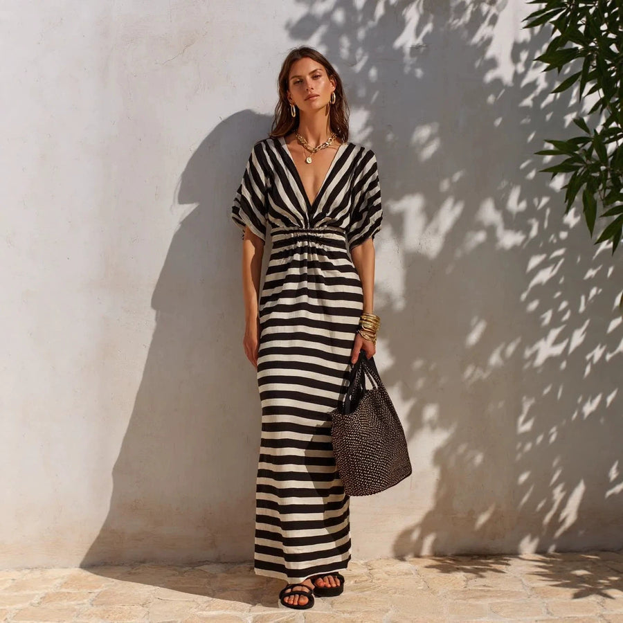Loose-fitting Striped V-neck Dress for Effortless Style