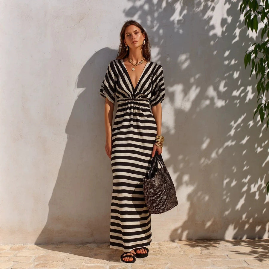 Loose-fitting Striped V-neck Dress for Effortless Style