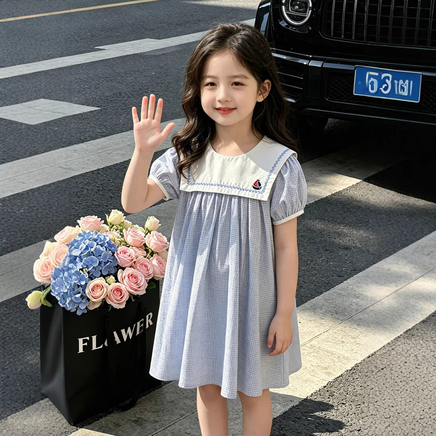 Princess Dress Navy Style with Embroidered Doll Collar