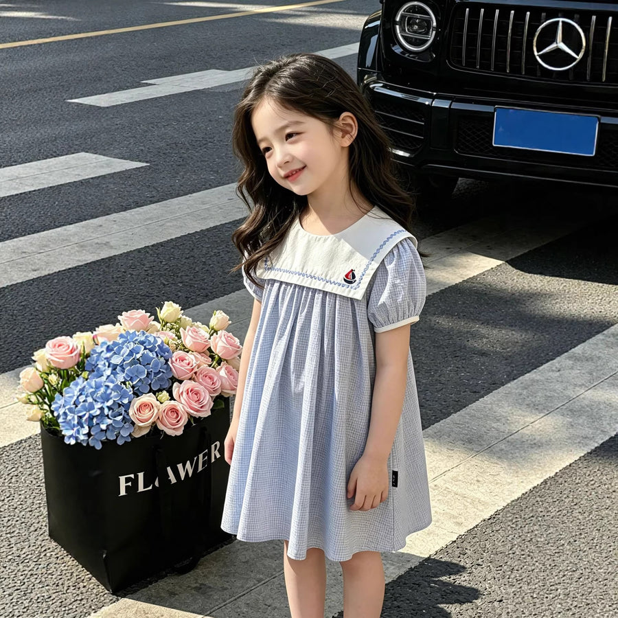 Princess Dress Navy Style with Embroidered Doll Collar