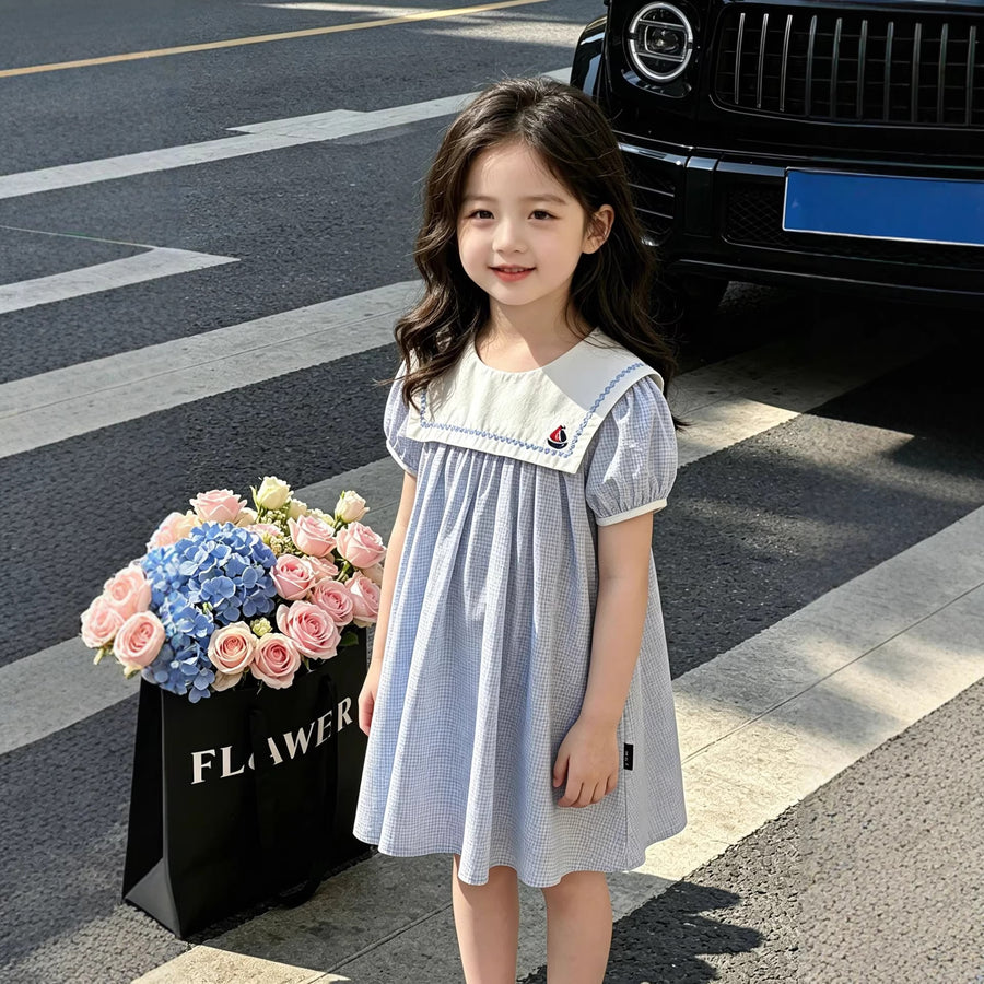 Princess Dress Navy Style with Embroidered Doll Collar