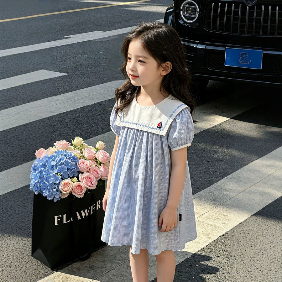 Princess Dress Navy Style with Embroidered Doll Collar