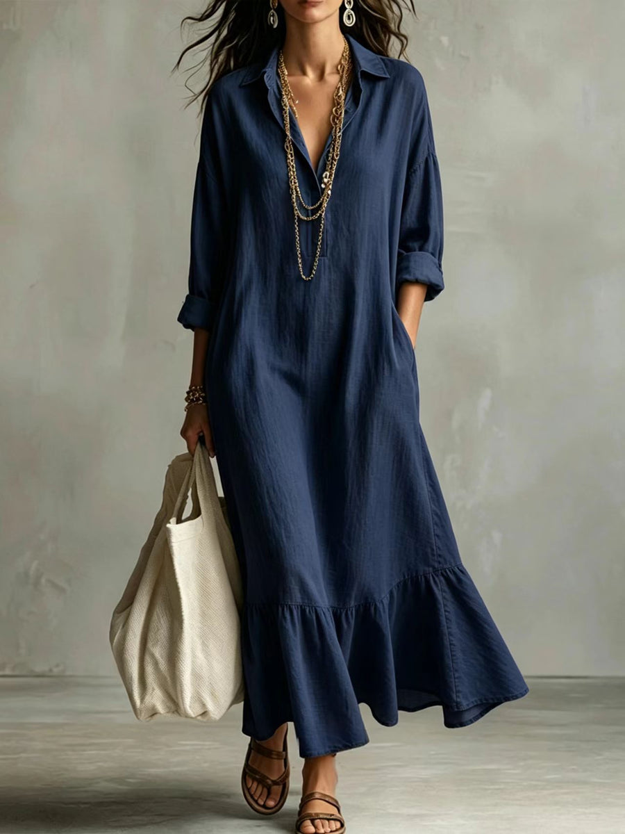 Turn-down Collar Fishtail Casual Loose-fit Shirt Dress