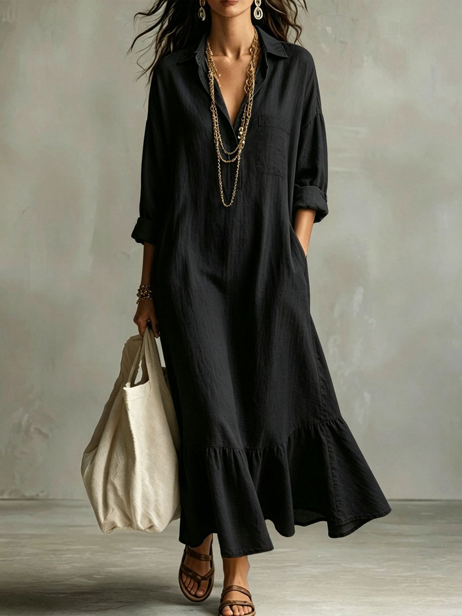 Turn-down Collar Fishtail Casual Loose-fit Shirt Dress