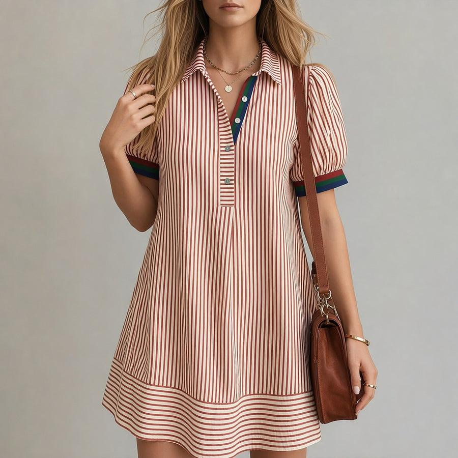 Striped Stand-Collar Button-Up Puff-Sleeve Dress