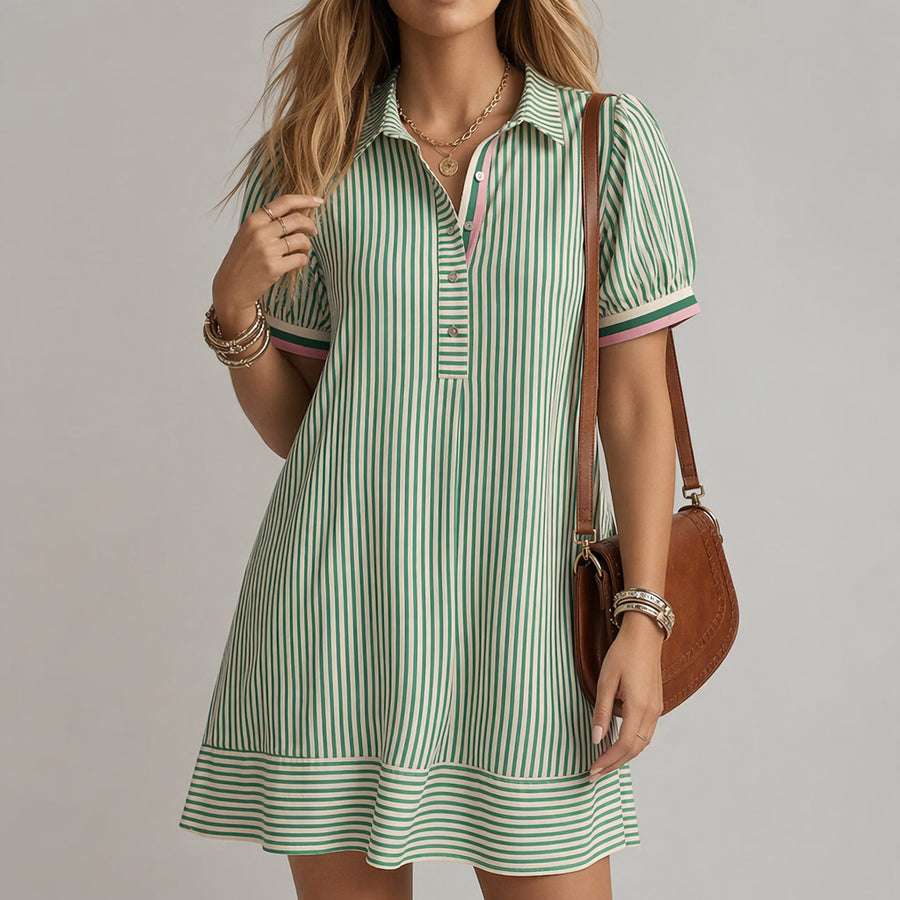 Striped Stand-Collar Button-Up Puff-Sleeve Dress