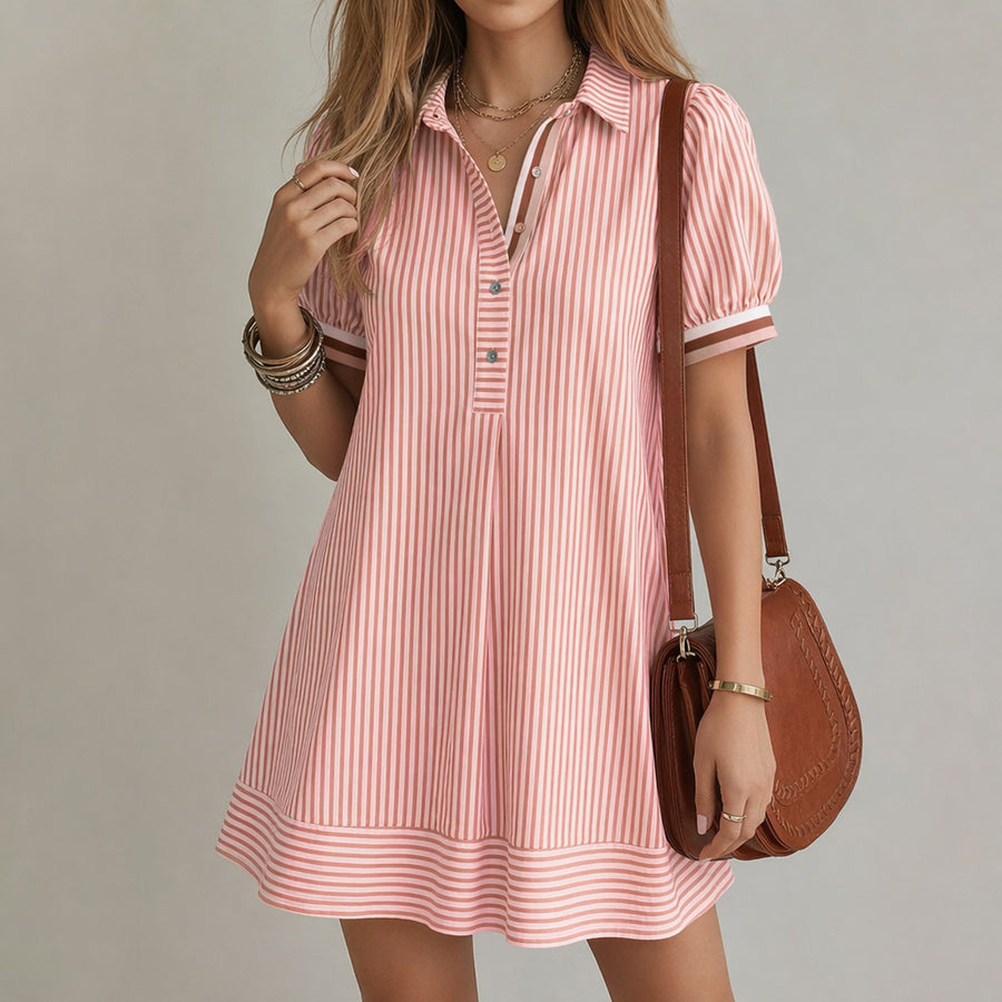 Striped Stand-Collar Button-Up Puff-Sleeve Dress