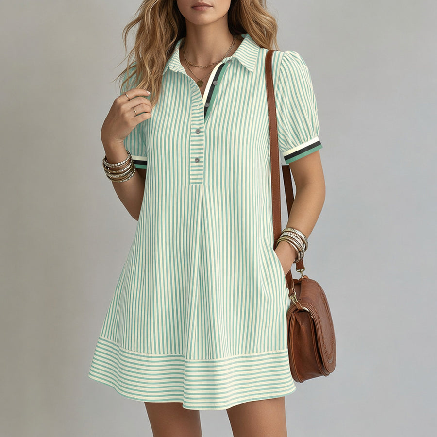 Striped Stand-Collar Button-Up Puff-Sleeve Dress