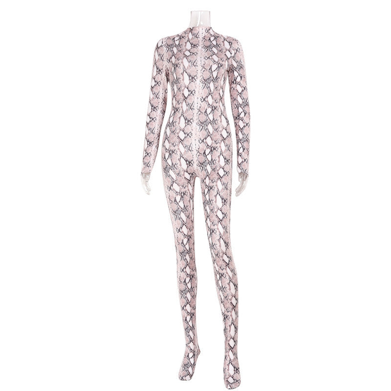 Womens Long-Sleeve Bodysuit with Snake-Print and Floral Design