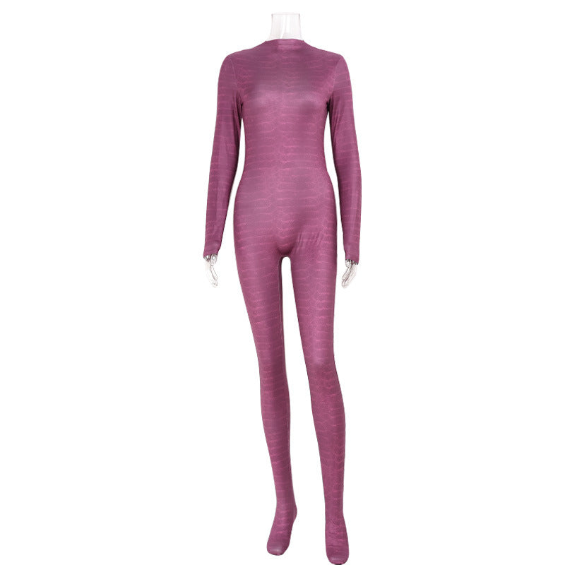 Womens Long-Sleeve Bodysuit with Snake-Print and Floral Design