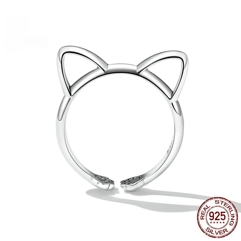 S925 Sterling Silver Minimalist Cat Open Ring - Cute Animal Jewelry