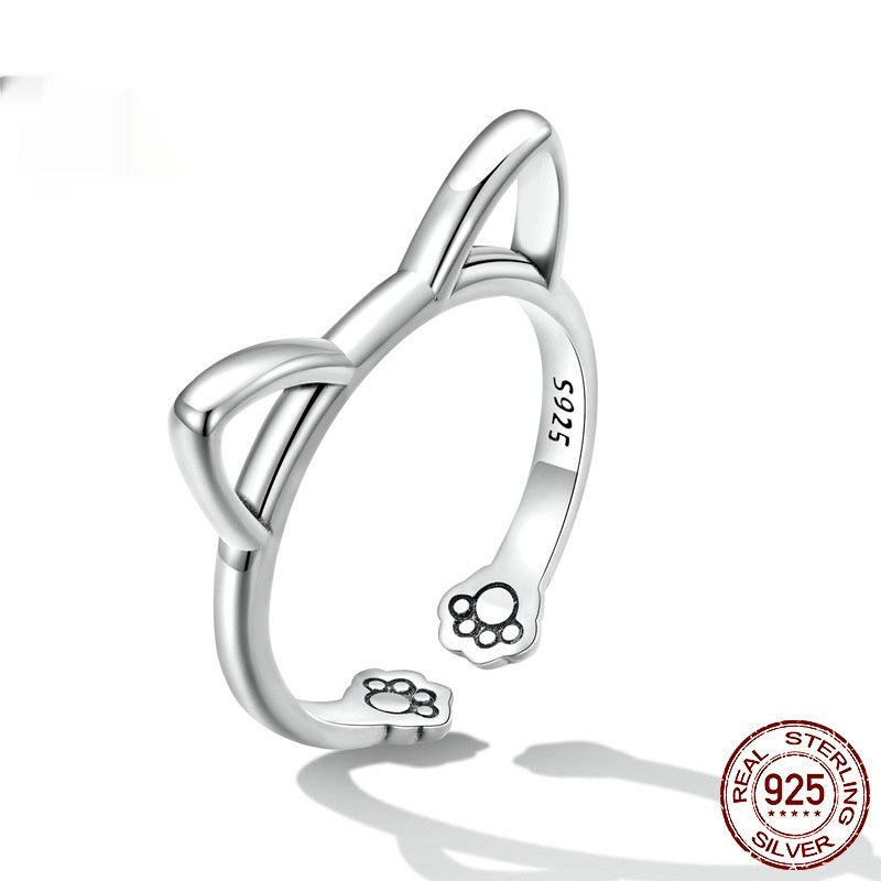 S925 Sterling Silver Minimalist Cat Open Ring - Cute Animal Jewelry