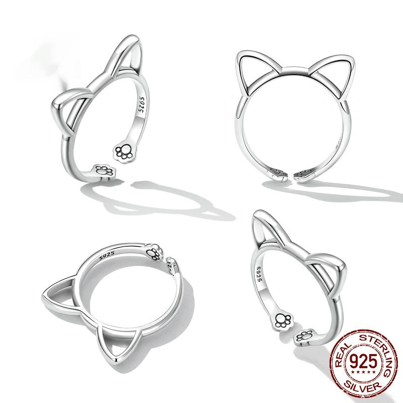 S925 Sterling Silver Minimalist Cat Open Ring - Cute Animal Jewelry
