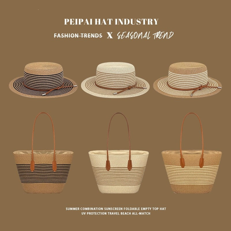 Womens Spring Summer Straw Hat and Large-capacity Bag Set