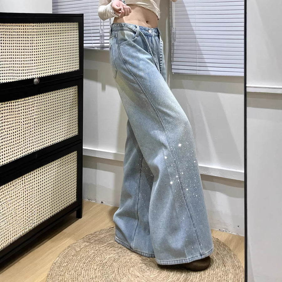 Babys-breath Hot-stone-embellished Wide-leg Denim Jeans