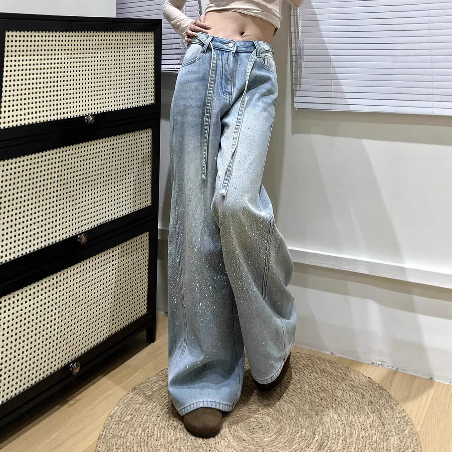 Babys-breath Hot-stone-embellished Wide-leg Denim Jeans