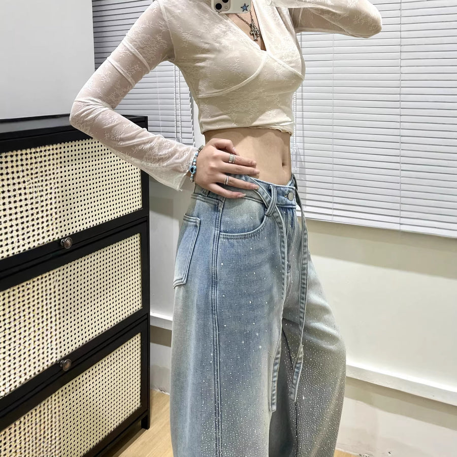 Babys-breath Hot-stone-embellished Wide-leg Denim Jeans