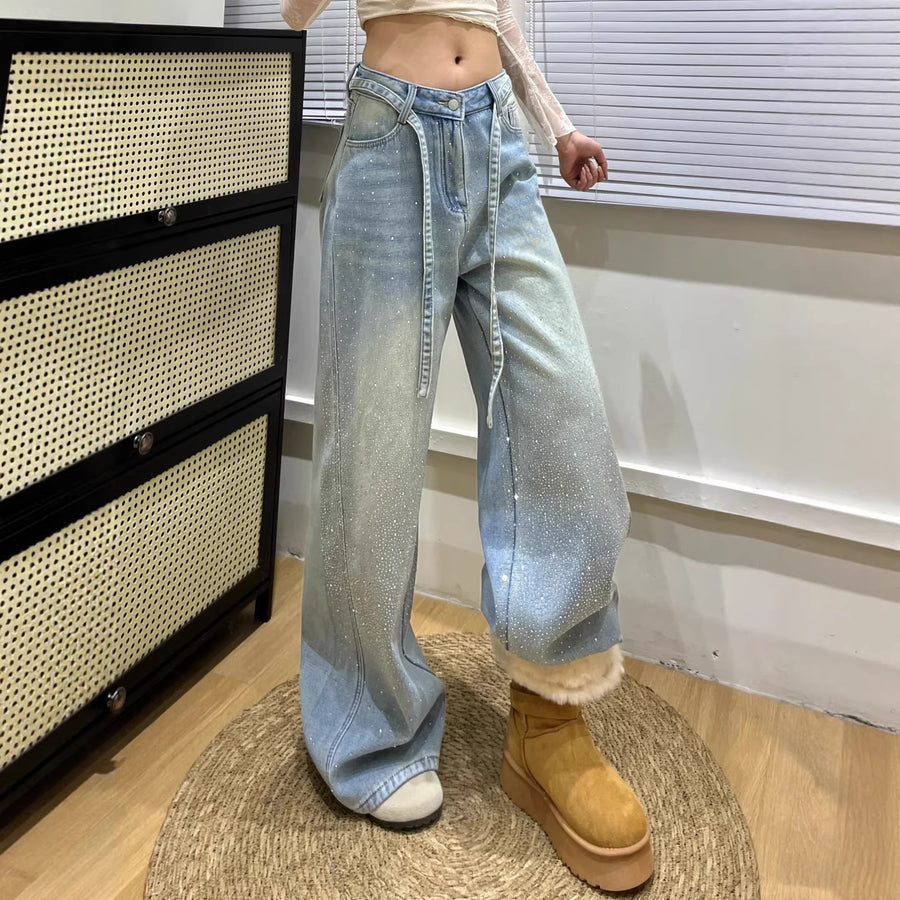 Babys-breath Hot-stone-embellished Wide-leg Denim Jeans