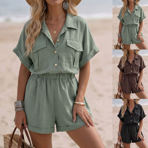 Solid-color Short-sleeve Jumpsuit for Women - Wide-leg Style