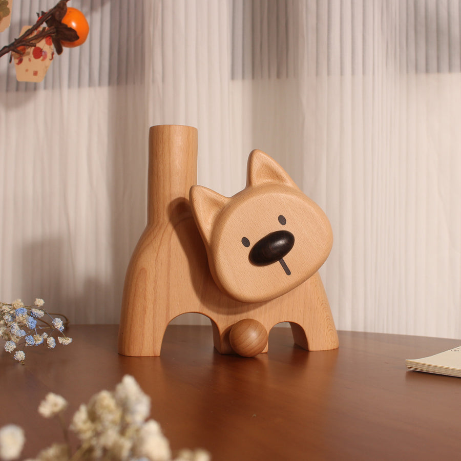 Creative Wooden Flower Vase Shaped Like a Puppy