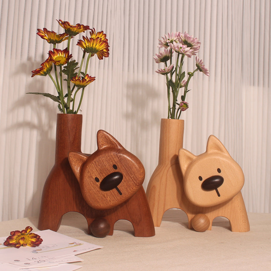 Creative Wooden Flower Vase Shaped Like a Puppy