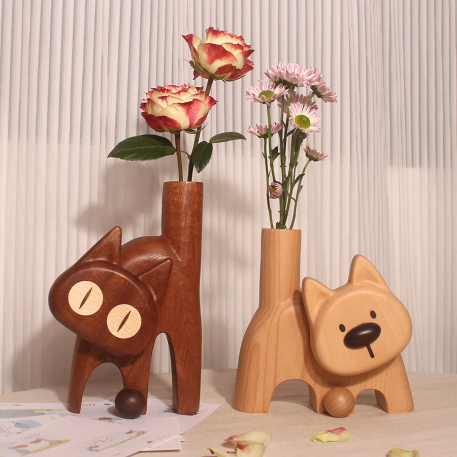 Creative Wooden Flower Vase Shaped Like a Puppy