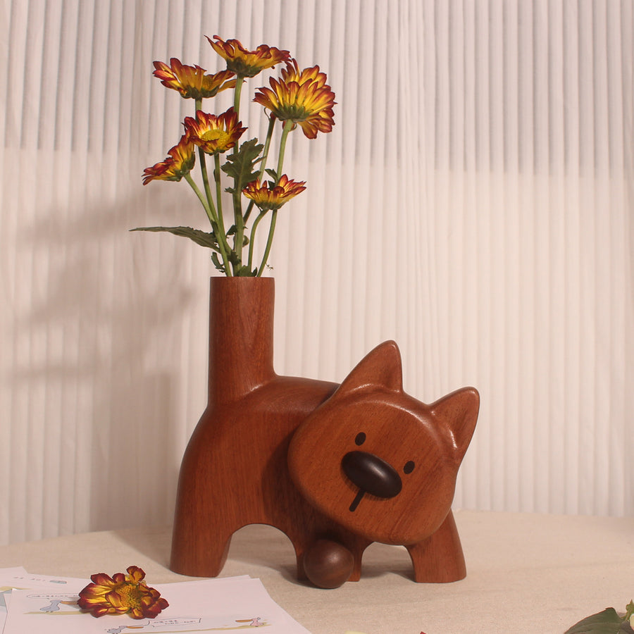 Creative Wooden Flower Vase Shaped Like a Puppy