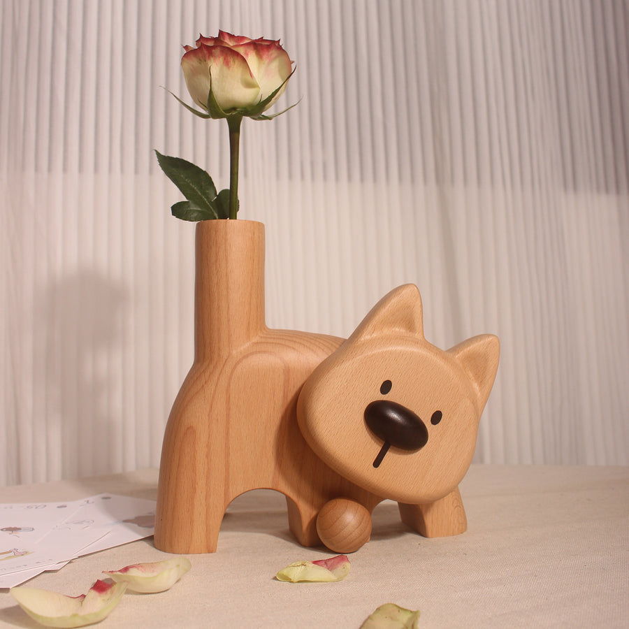 Creative Wooden Flower Vase Shaped Like a Puppy