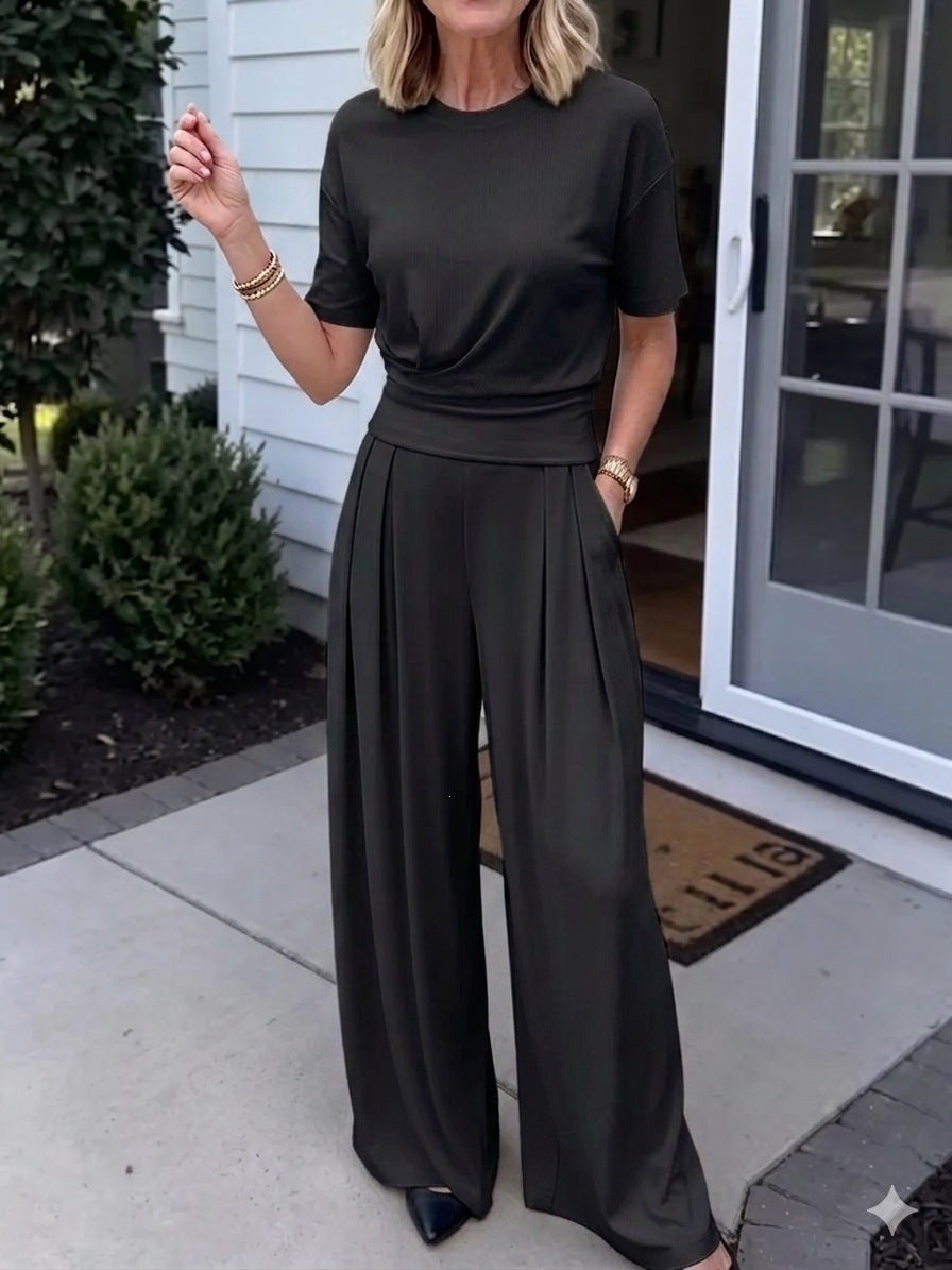 Summer Loose Round-neck T-shirt & Wide-leg Pants Set