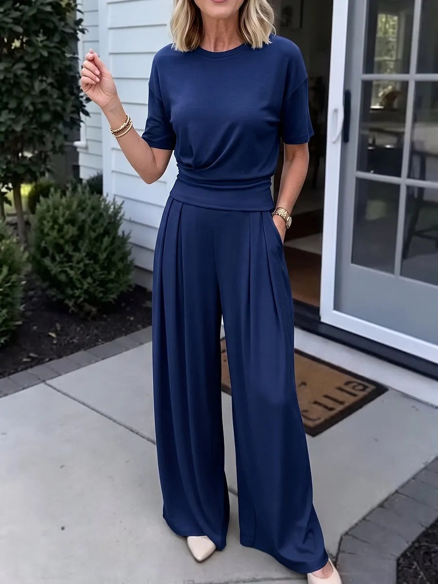 Summer Loose Round-neck T-shirt & Wide-leg Pants Set