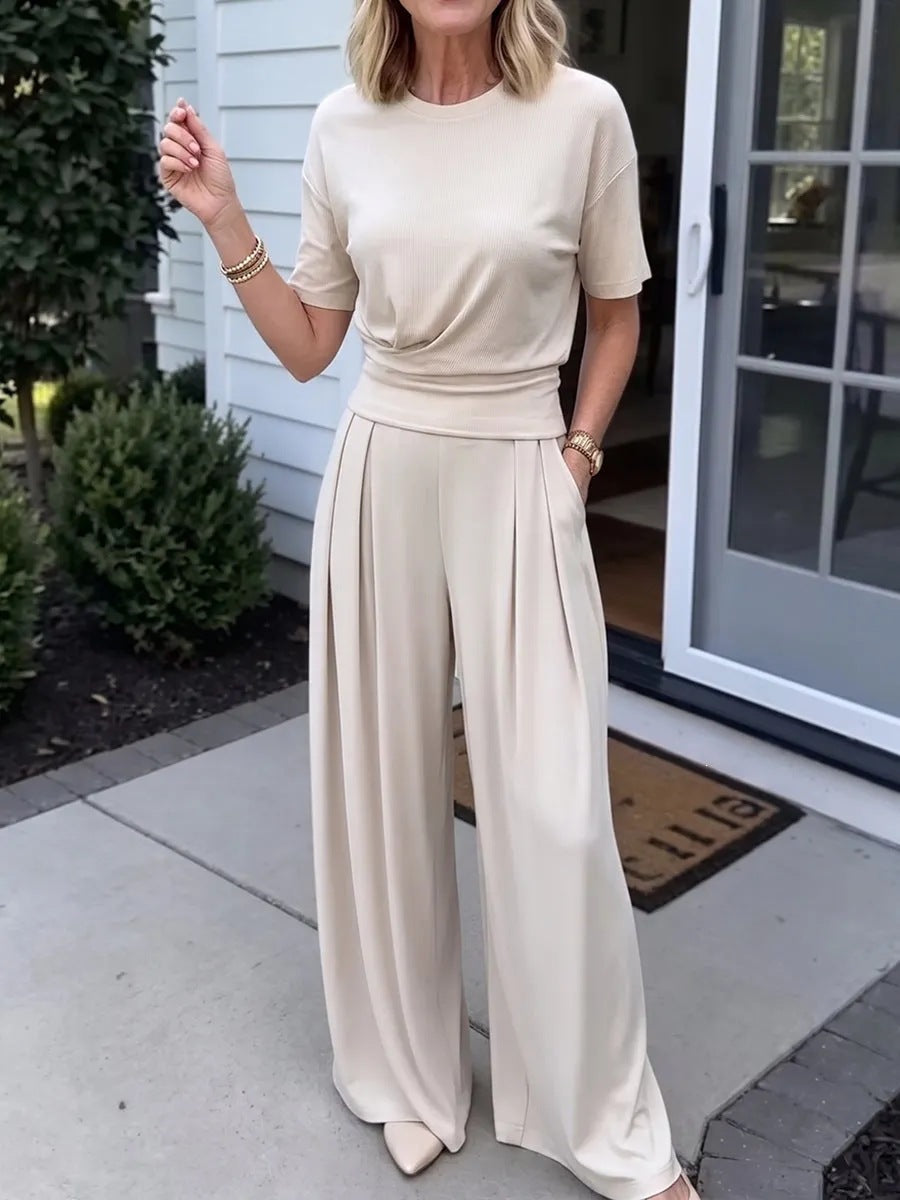 Summer Loose Round-neck T-shirt & Wide-leg Pants Set