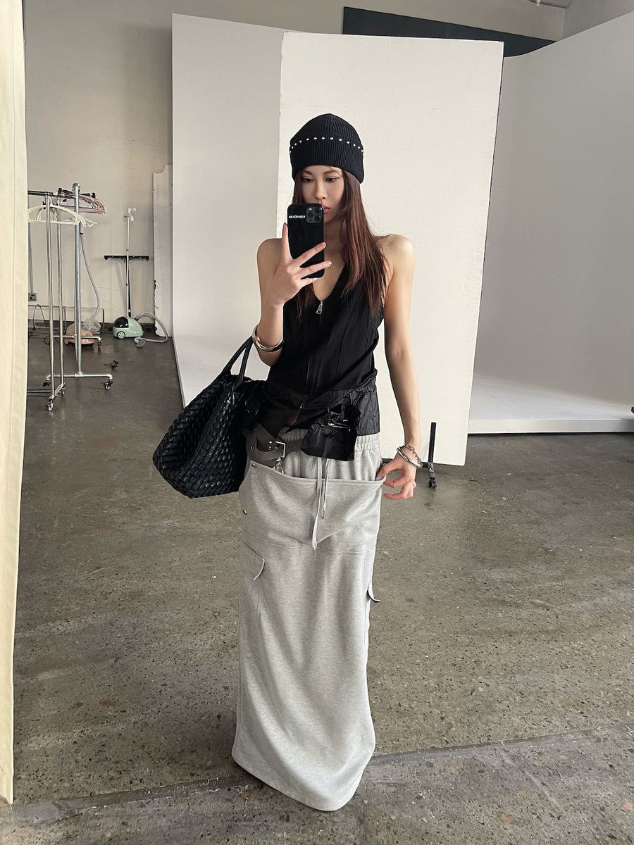 Womens Multi-layered Straight Midi Skirt with Drawstring