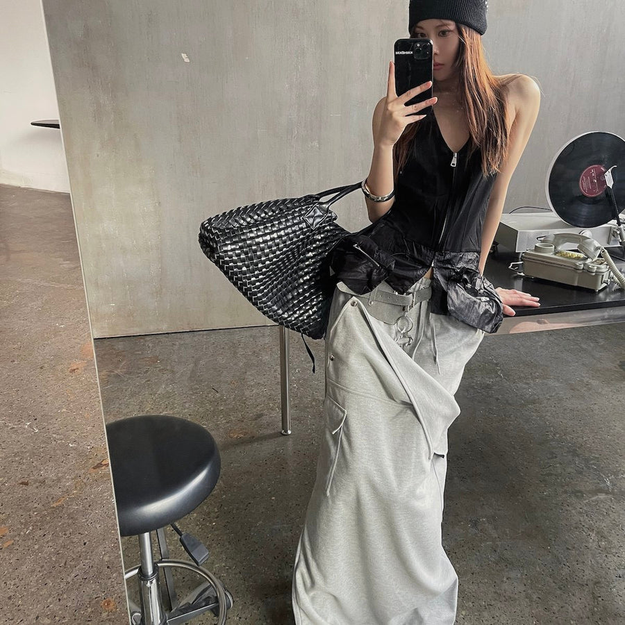 Womens Multi-layered Straight Midi Skirt with Drawstring