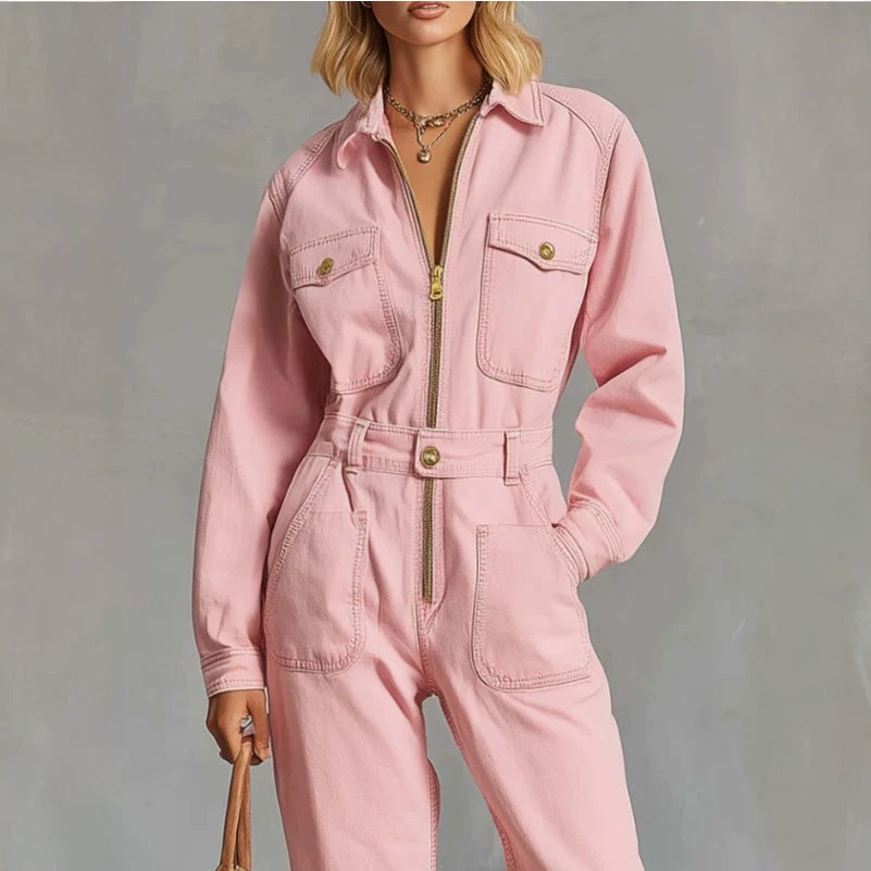 Retro Western Zip-Up Jumpsuit for Effortless Style