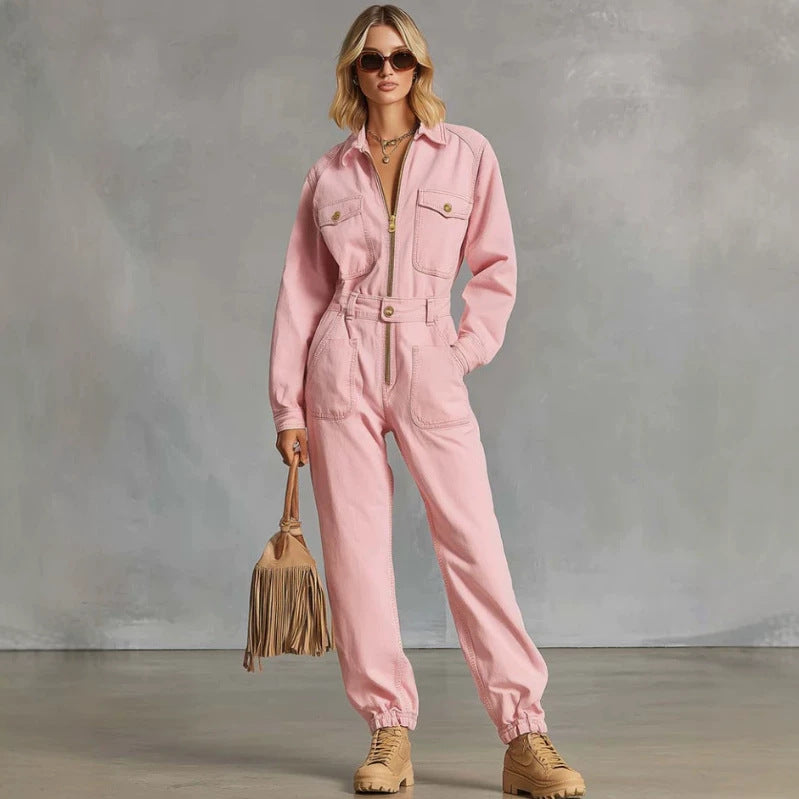 Retro Western Zip-Up Jumpsuit for Effortless Style