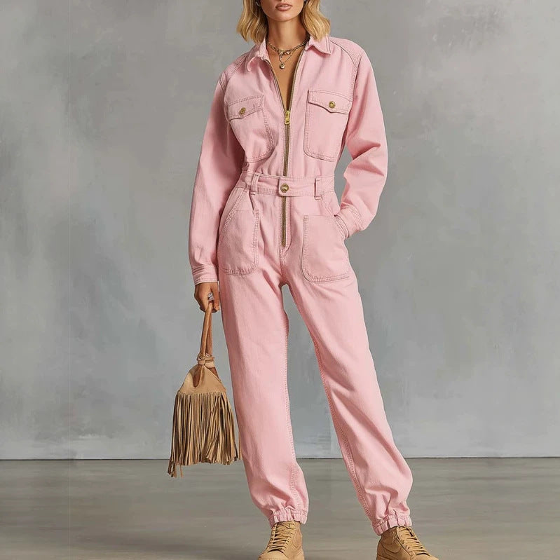 Retro Western Zip-Up Jumpsuit for Effortless Style