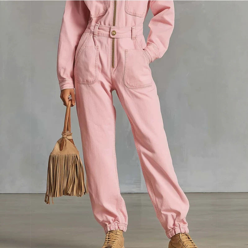 Retro Western Zip-Up Jumpsuit for Effortless Style