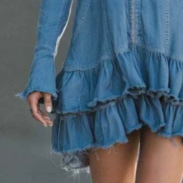 Bohemian Deep-V Zipped Long-sleeve Flounced Mini Dress