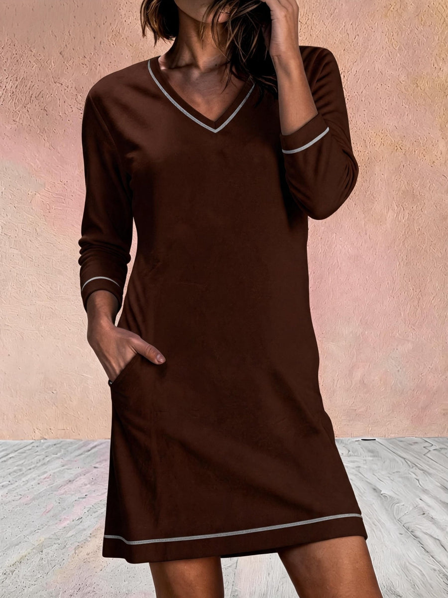 V-neck Sewn 78-sleeve Mini Dress for Effortless Style