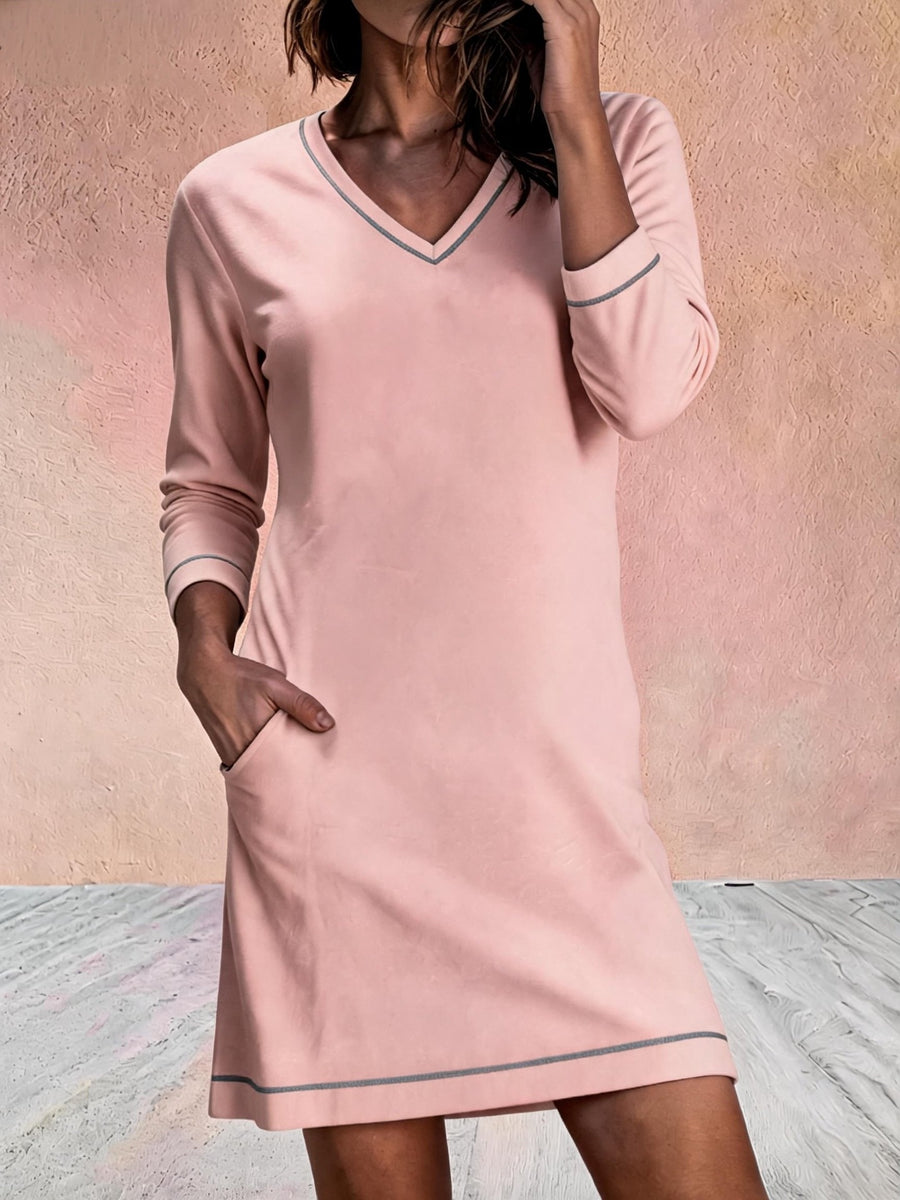 V-neck Sewn 78-sleeve Mini Dress for Effortless Style