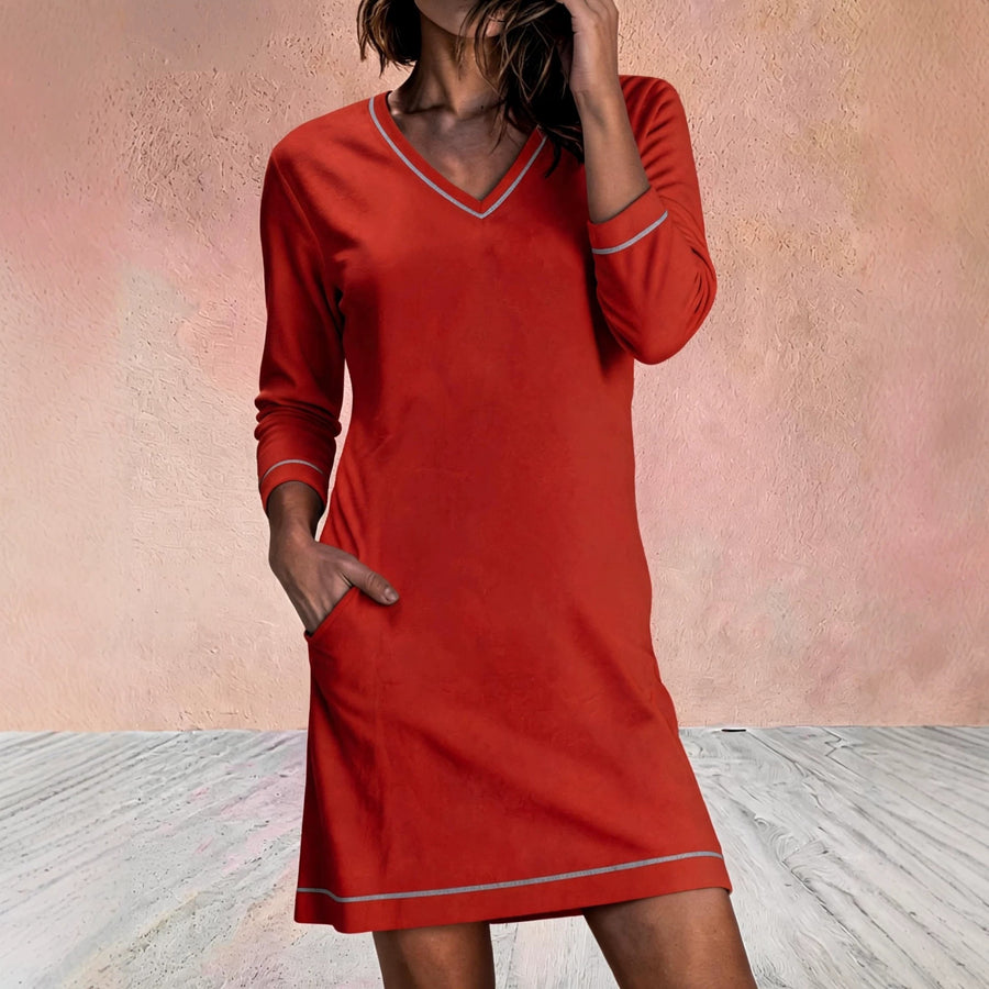 V-neck Sewn 78-sleeve Mini Dress for Effortless Style