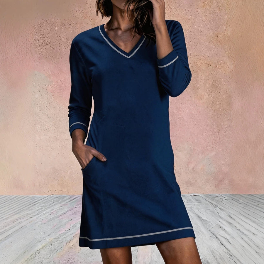V-neck Sewn 78-sleeve Mini Dress for Effortless Style