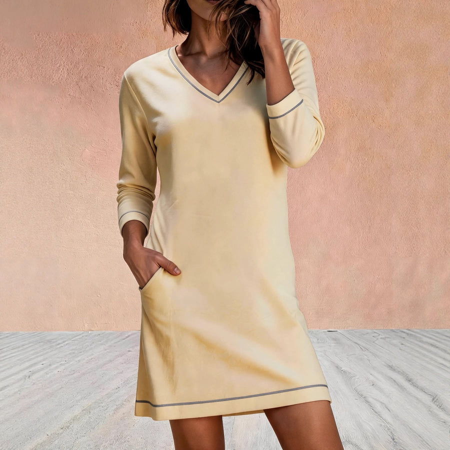 V-neck Sewn 78-sleeve Mini Dress for Effortless Style