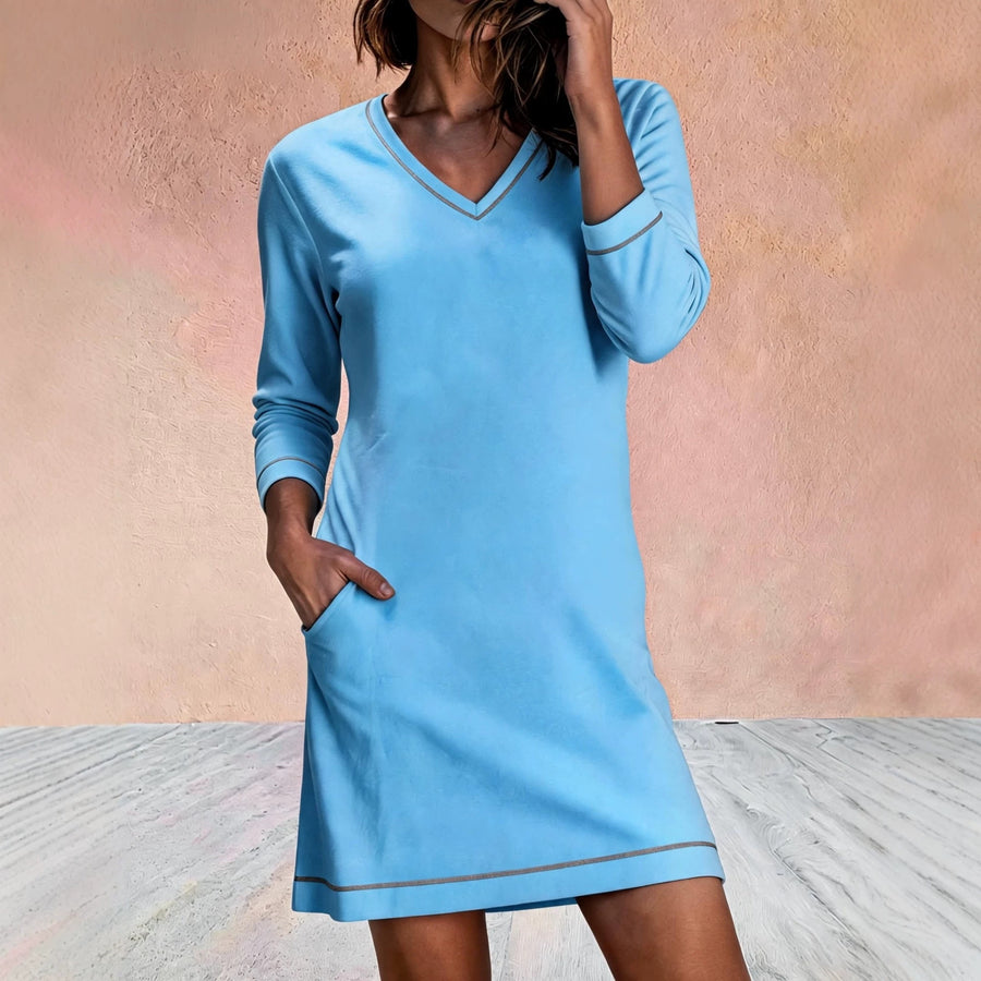 V-neck Sewn 78-sleeve Mini Dress for Effortless Style